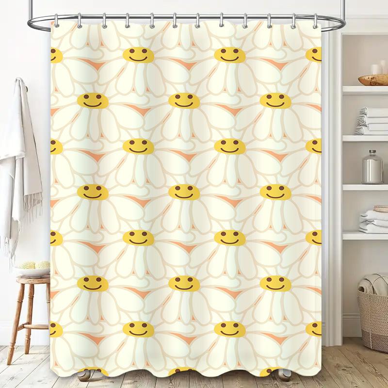 Vintage Style Floral Smiley Face Shower Curtain Waterproof Decoration for Bathroom Accessories White Yellow Flowers Pattern