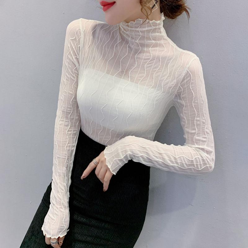 High Neck Mesh Base Shirt for Women In Spring and Autumn Transparent Lace Long Sleeved Top for Women