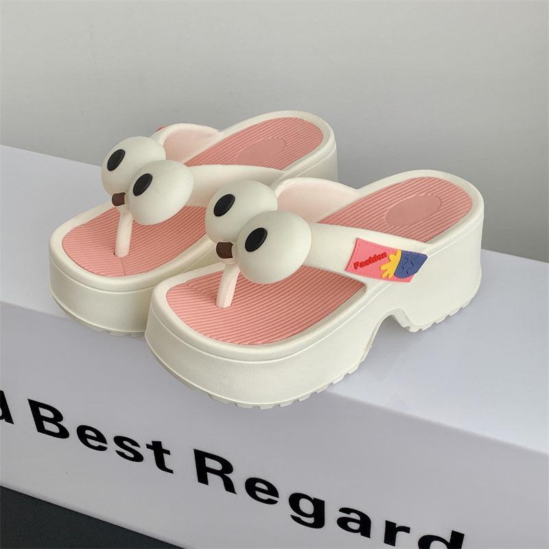 Women's Thick-Soled Summer Flip-Flops: Big-Eyed Dog, EVA, Height-Increasing, Non-Slip Sandals