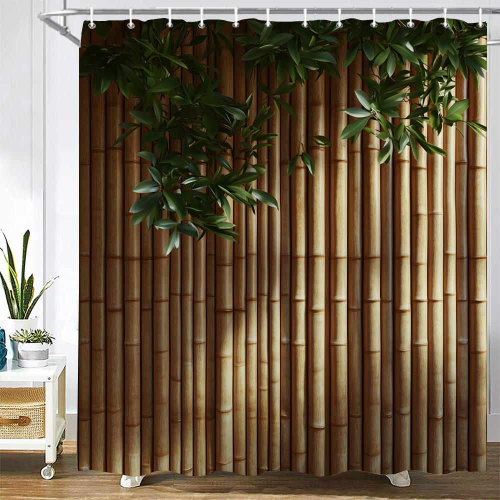 Green Plant Bamboo Shower Curtain Bath Curtain Polyester Fabric Leaves Printed Bathroom Curtains For Home Decoration Curtain