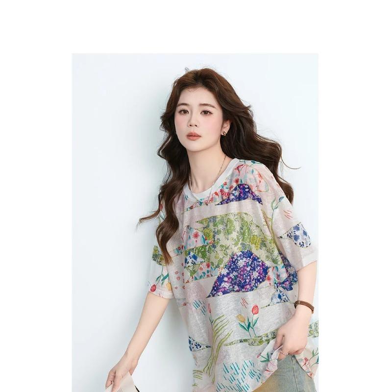 DIMANAF 2026 Plus Size Summer Beach Women T-Shirts Casual Lady Tops Tees Shirt Oversize Loose Floral Print Tunic Knitted