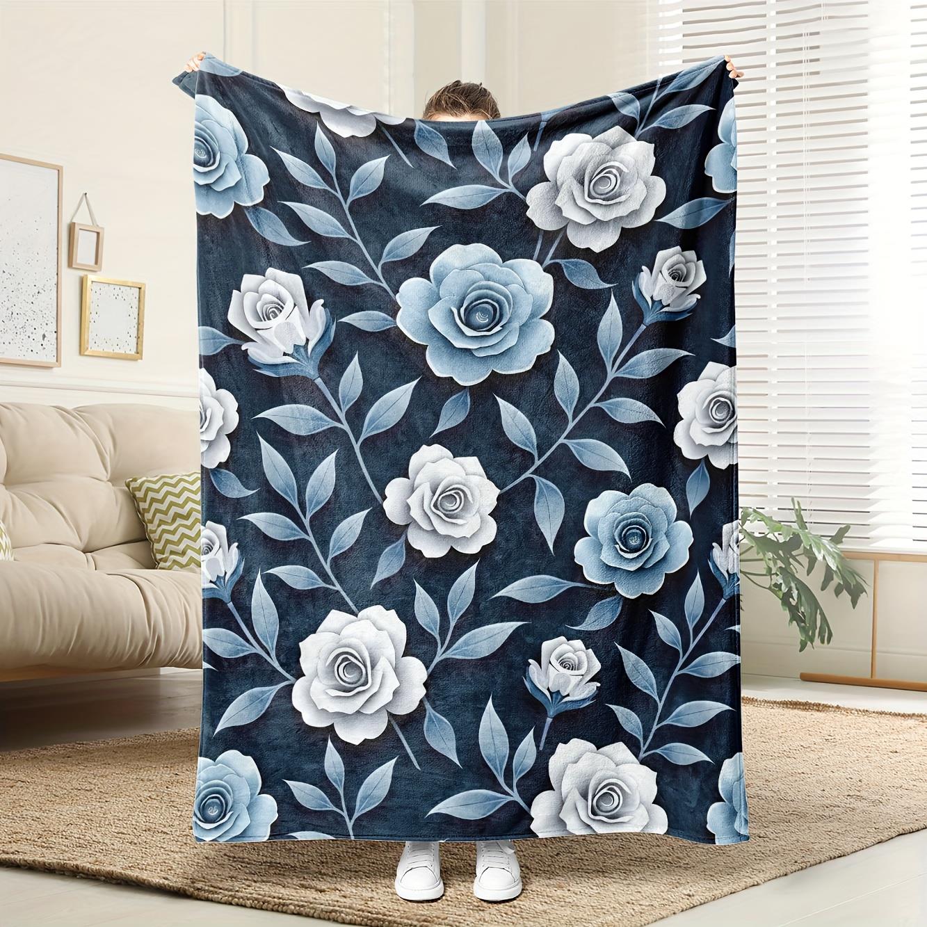 

1pc Blue rose floral blanket polyester fabric machine washable suitable for sofas or beds modern home décor 75x100cm