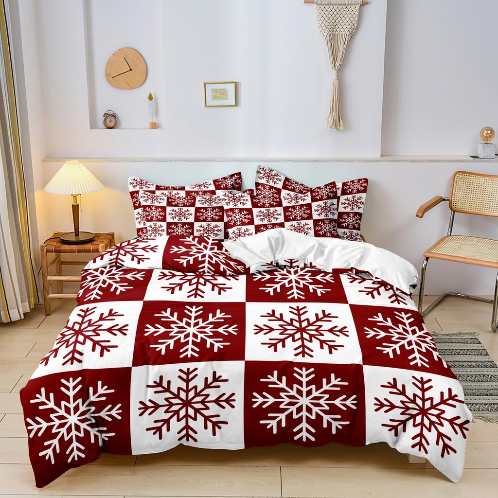 3pcs Christmas Duvet Cover Set - Festive Reindeer &Tree Design Red Grid Checkered Pattern Christmas Bedding | Christmas Gift
