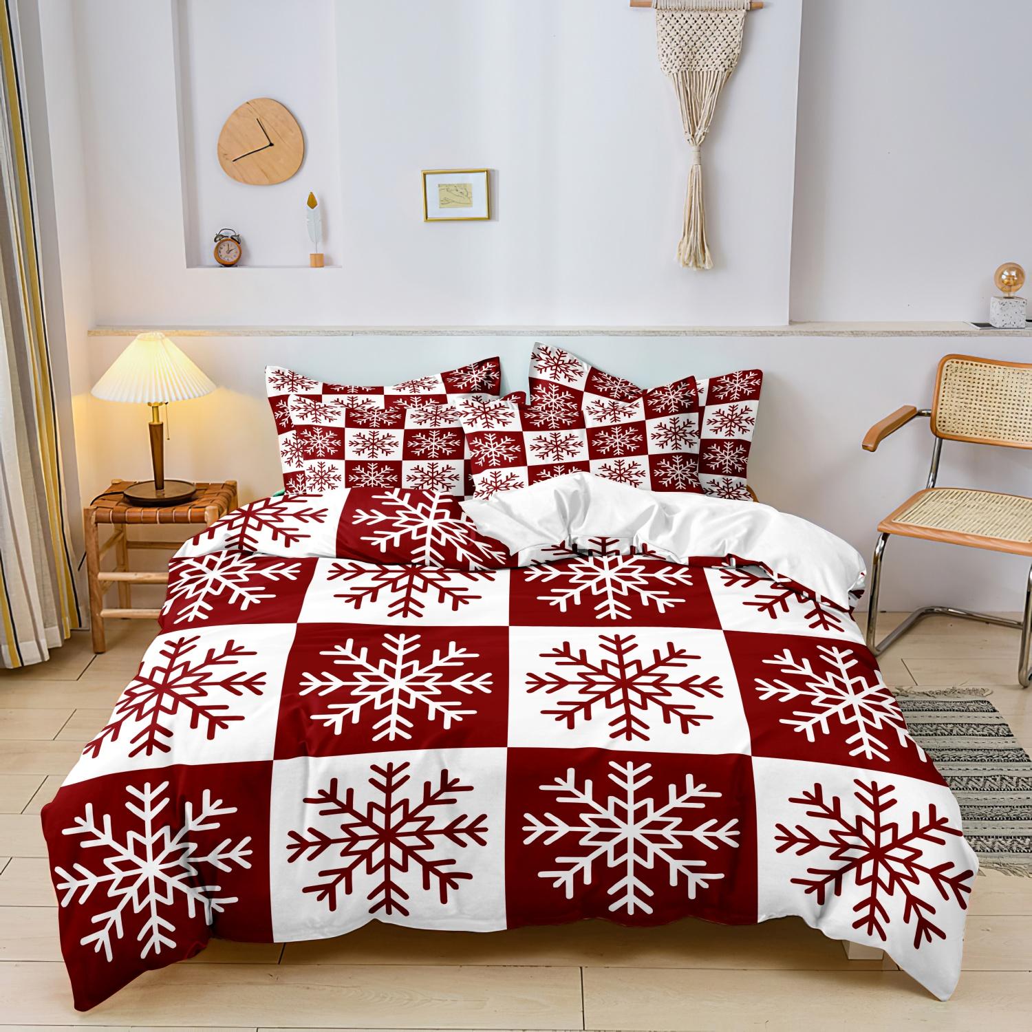 

3pcs Christmas Duvet Cover Set - Festive Reindeer &Tree Design Red Grid Checkered Pattern Christmas Bedding | Christmas Gift EU Single(135*200cm)3pcs