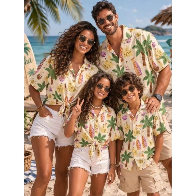 Summer Men's Family Wear Beach Hawaiian Shirt Tropical Summer Style Sandcastle Palm Tree Print Shirt Vacation Gift Child T-Shirt