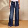 Women's Spring New Lace-up Elastic Jeans Straight Temperament Wide-leg Trousers