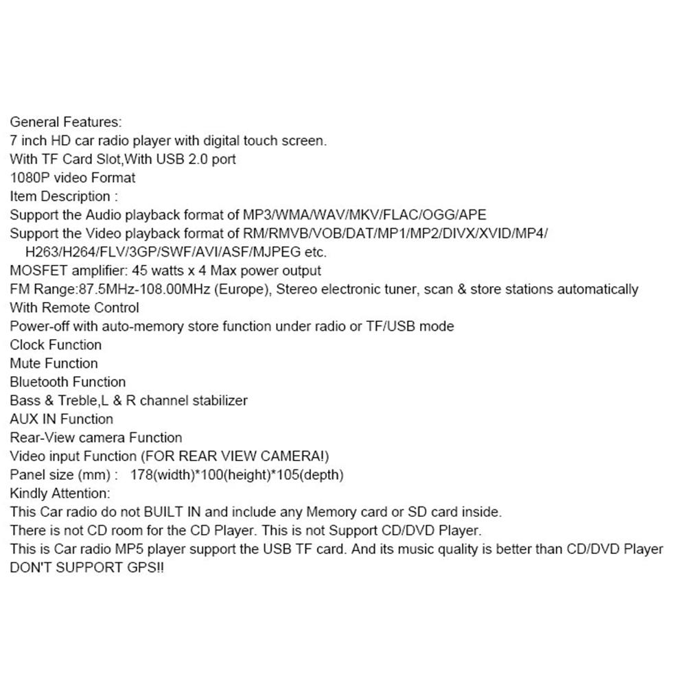 7018B Double 2 Din Car Video Player 7 inch Touch Screen Multimedia Player MP5 Player USB FM