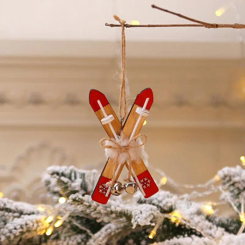 Doll House Mini Wooden Skis Crafts Supplies New Year Christmas Pendant Sled Christmas Tree Home Decor Gift