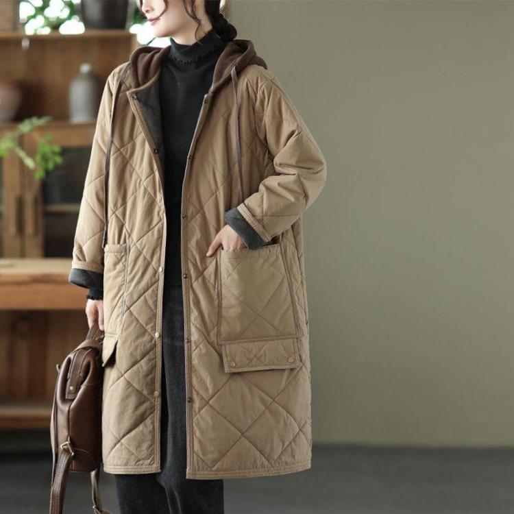 

Vintage Autumn Winter Padded Cotton Jacket Women Plus Size Loose Casual Hooded Coat Mid Length Color Contrast Rhombic New M