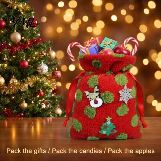 Fluffy Candy Apples Containers Christmas Plush Gift Bag with Drawstring, Soft Santa Sack for Bags Presents, Reusable Holiday Wrapping Pouch Xmas Party