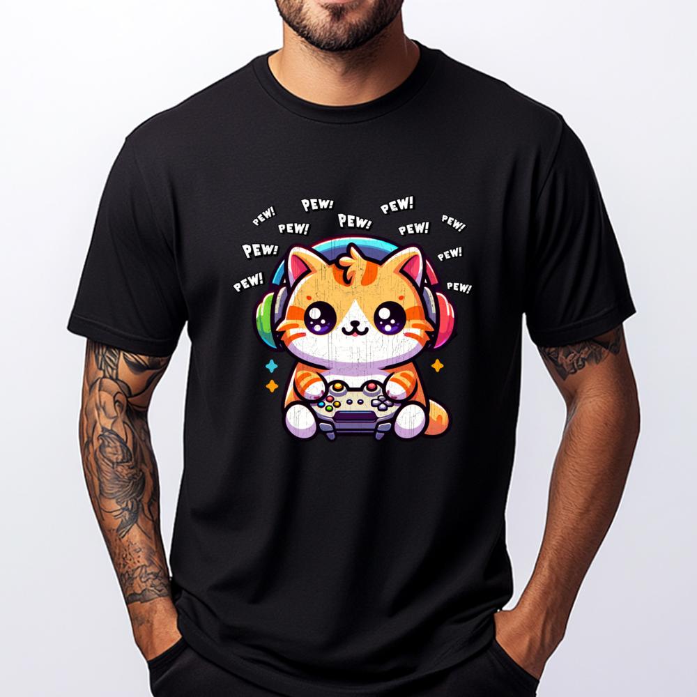 Cat Gamer Pew Funny Video Games Vintage Boys XS Graphic T Shirts T Shirts For Men St Patrick s Day - Men s Summer Cotton Grap... S разноцветный