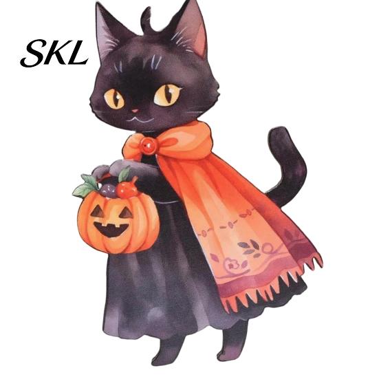 Whimsical Witch Cat Room Decor Halloween Wooden Hanging Ornament, Decorative Pendant, Watercolor Wood Cute Holiday Party Favors for Tree And