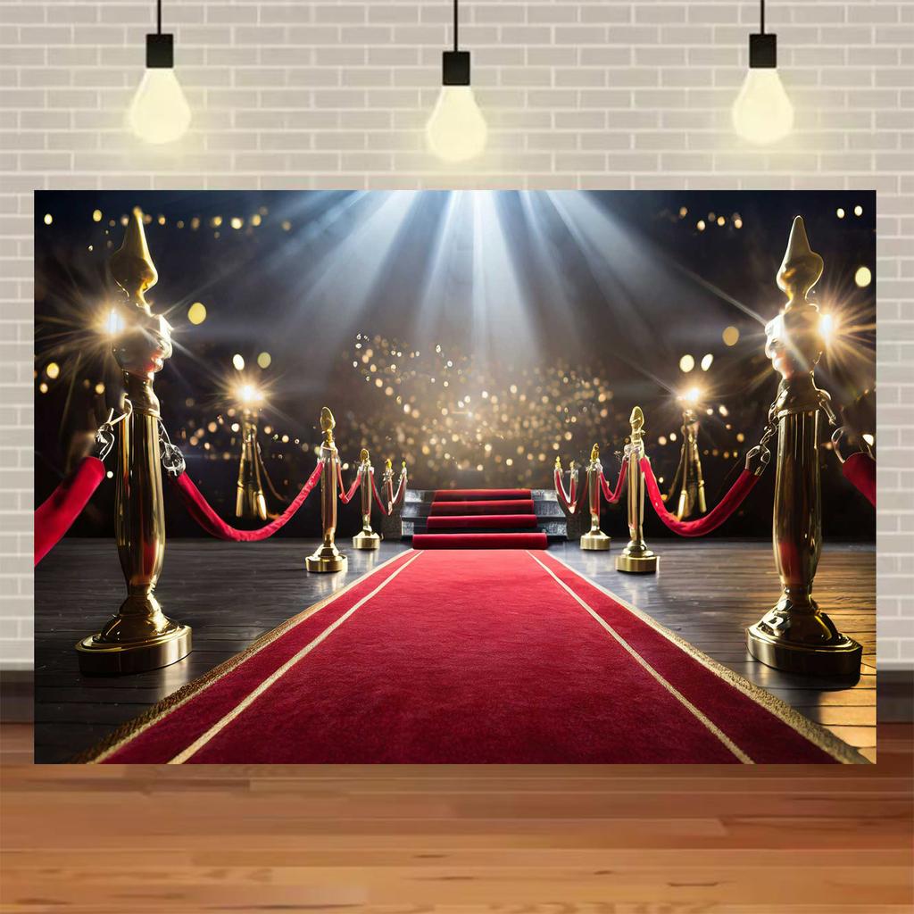 Fondo Fotografico Tappeto Rosso di Hollywood, Tema Uscita Film e Premio Oscar, Fondo Fotografico Focalizzato sull'Oro, Decorazioni per Eventi e Palchi