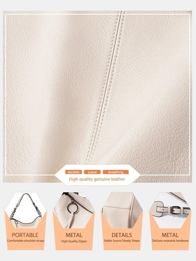 Zency New Black Beige Genuine Leather Hobo Bag Women Simple Classic Casual Handbag Shoulder Tote Soft Crossbody Big Pockets