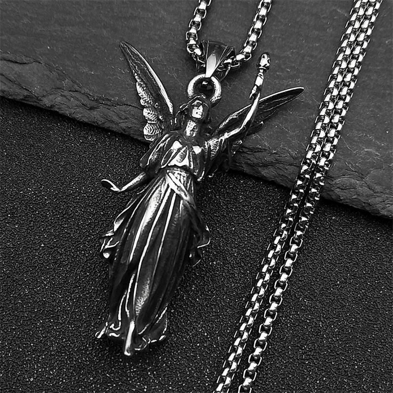 Classic Prayer Guardian Angel Blessing Angel Pendant Necklace For Women Men Stainless Steel Black Fashion Gothic Chain Jewelry