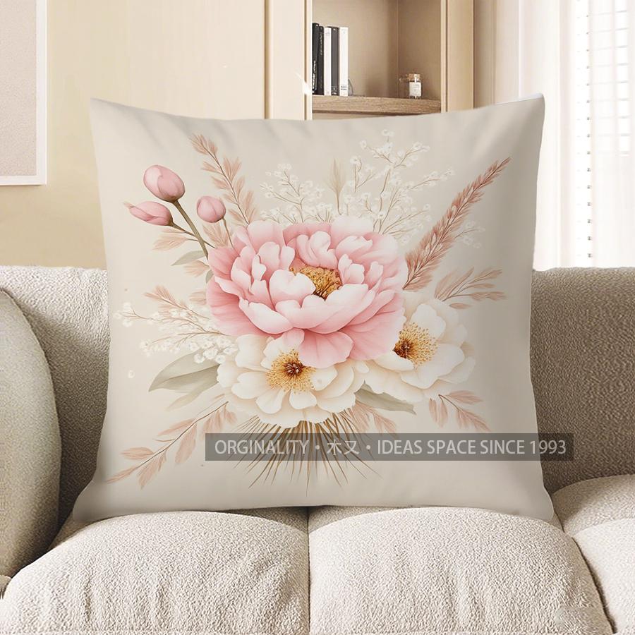 Home Decor Pink Peonies &amp; Wheat Floral Pillow Cover Pattern Cushion Cover Suitable For Sofa Bedroom Car Pillow Cover
