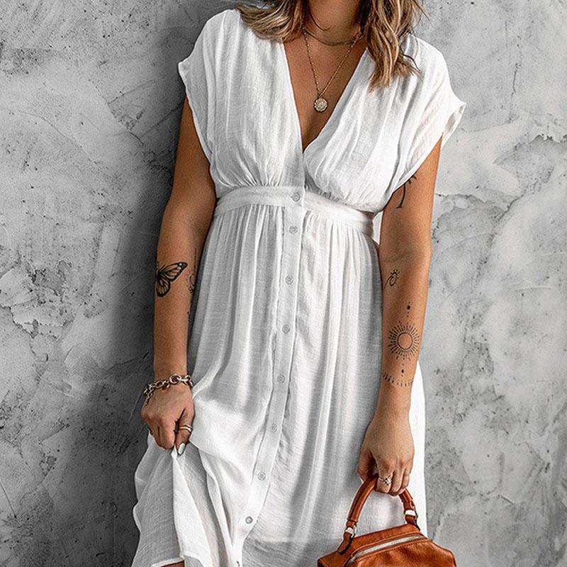 Women Maxi Dress Long Holiday V Neck Beach Buttons Ladies Summer Sundress