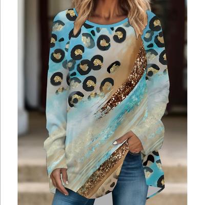 Camiseta de Manga Larga con Cuello Redondo y Estampado de Leopardo, Moda para Mujer Tallas Grandes, Personalidad, Cómoda, Informal, Holgada, Longitud Media