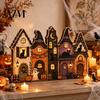 Indoor Autumn Harvest Decor Halloween Retro Haunted Village Wooden Tabletop Decor, Fall Farmhouse Witch Holiday Party Home Accents House Ornament,