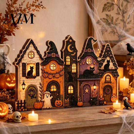 Indoor Autumn Harvest Decor Halloween Retro Haunted Village Wooden Tabletop Decor, Fall Farmhouse Witch Holiday Party Home Accents House Ornament,