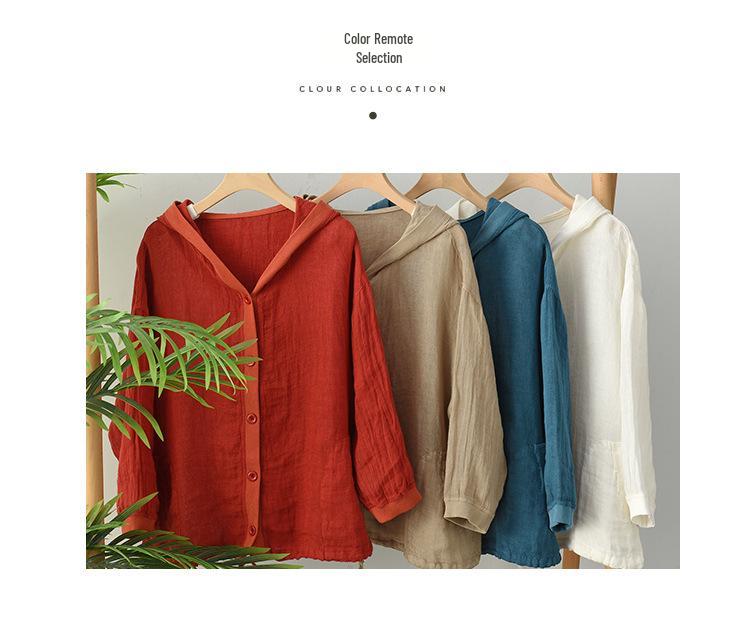 Sommar Retro Bomull Linne Huvförsedd Kofta: Solskyddstopp med lång ärm i plusstorlek