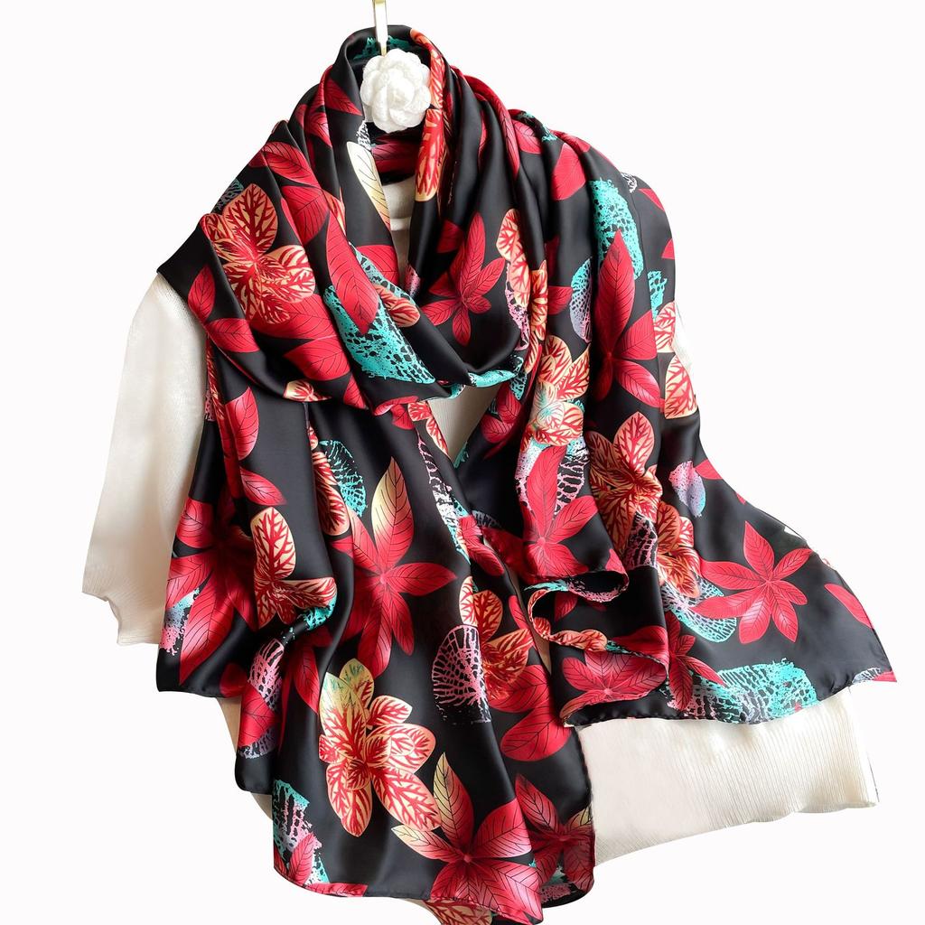 New silk scarf new silk satin printed shawl holiday fashion sunscreen long section simulation silk scarf