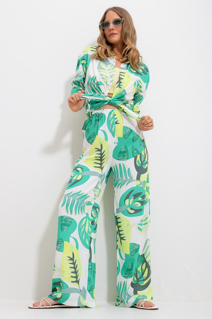 Women's Bottom-Top Set New Season Fashionable Green Patterned Shirt and Trousers Woven Bottom-Top Set