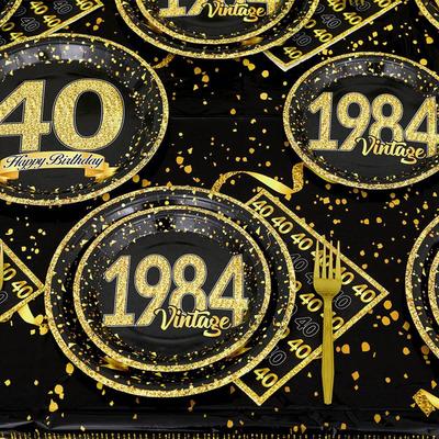 40th Birthday Party Black Gold Tableware Happy 40 Birthday Party Decorations Adults Parents Tablecloth Paper Plates Cups Napkin