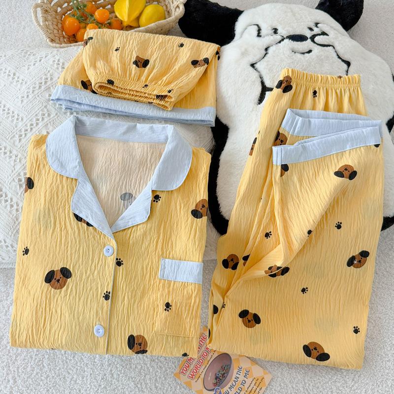 Cream Yellow Contrasting Color Cartoon Puppy Pajamas Women'S Summer Short-Sleeved Loose Loungewear Cloud Cotton Three-Piece Set