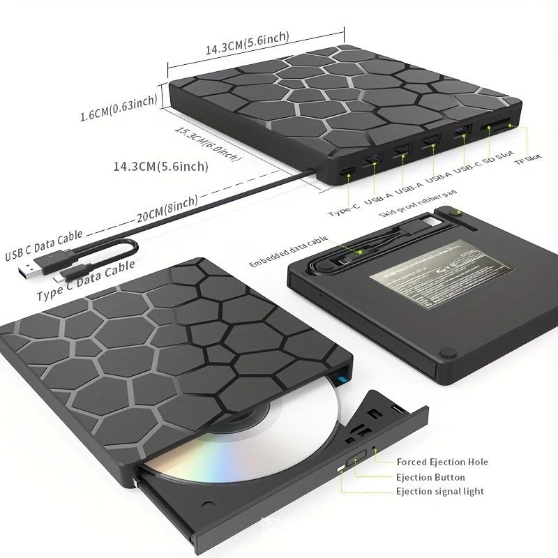 7-in-1 USB3.0 External Optical Drive & DVD Burner with Card Reader and Flash Drive Support
