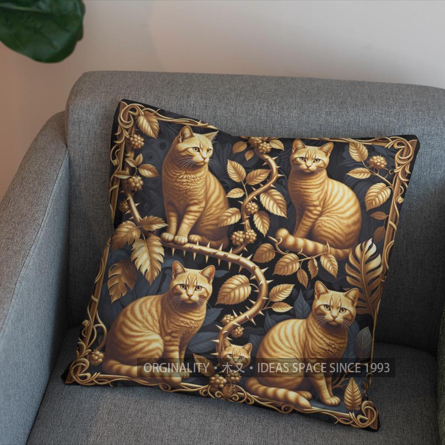 2D Golden Cats With Vine And Flowers Pillow Cover Pattern Cushion Cover Suitable For Sofa Bedroom Car Pillow Cover