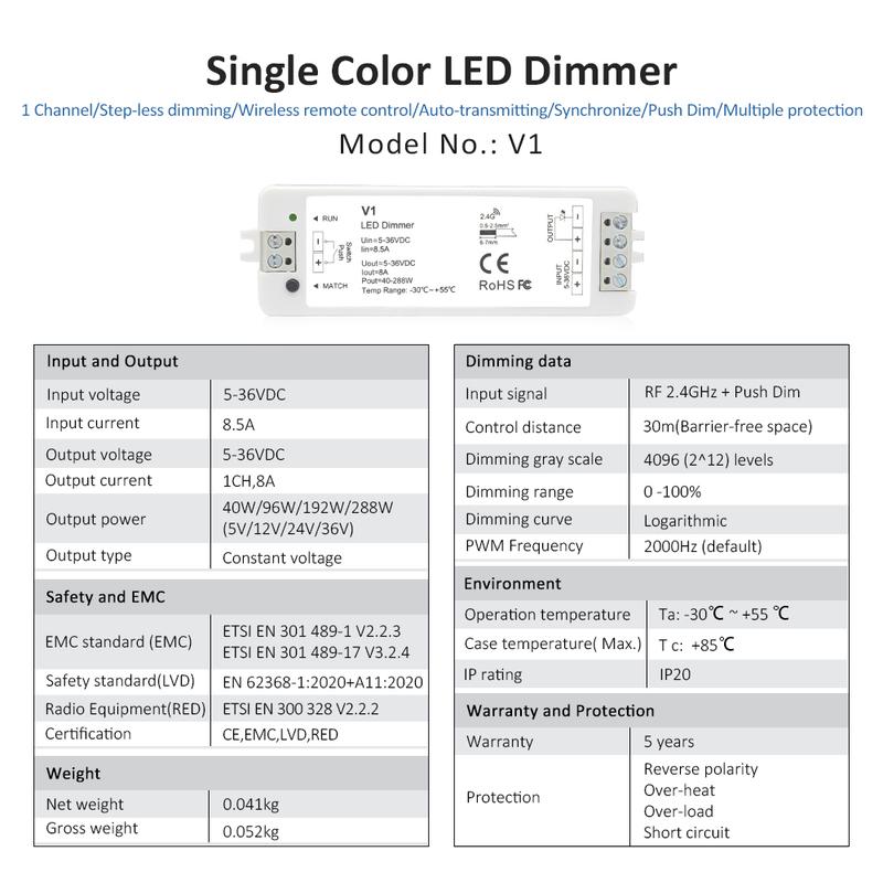 V1 LED Dimmer 12V 24V 36V RT6 4 Zone Single Color LED Strip Dimming Kit Wireless 2.4G RF Remote Control Push Switch Dimer