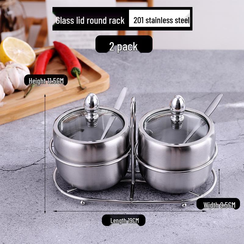 Gold Korean-Style Seasoning Jars, 201 Stainless Steel with Glass Lids On Tray, for Restaurant Use.