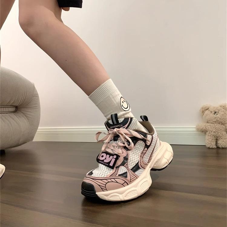 Height-increasing Women's Sweet Cool Black Pink Dad Shoes 2025 Mesh Breathable Soft Sole Thick Sole Versatile Sports Student Casual Shoes