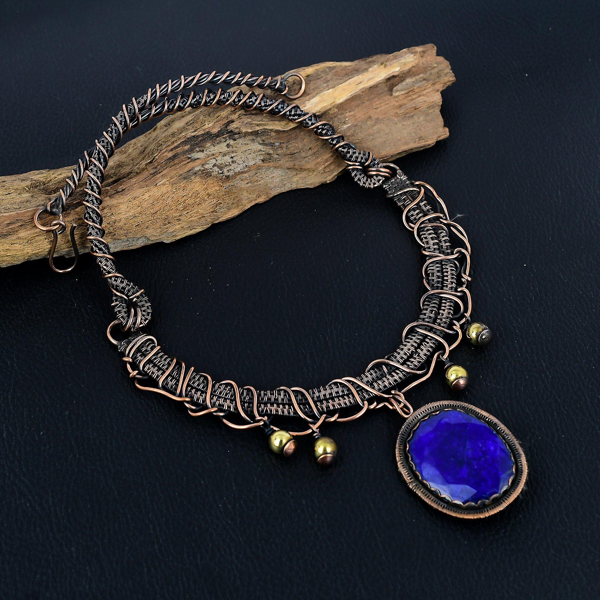 

Ожерелье с синим сапфиром, Ожерелье из драгоценных камней ручной работы, Ожерелье, обернутое медной проволокой 999 пробы, Антикварное украшение, Для подарка на помолвку