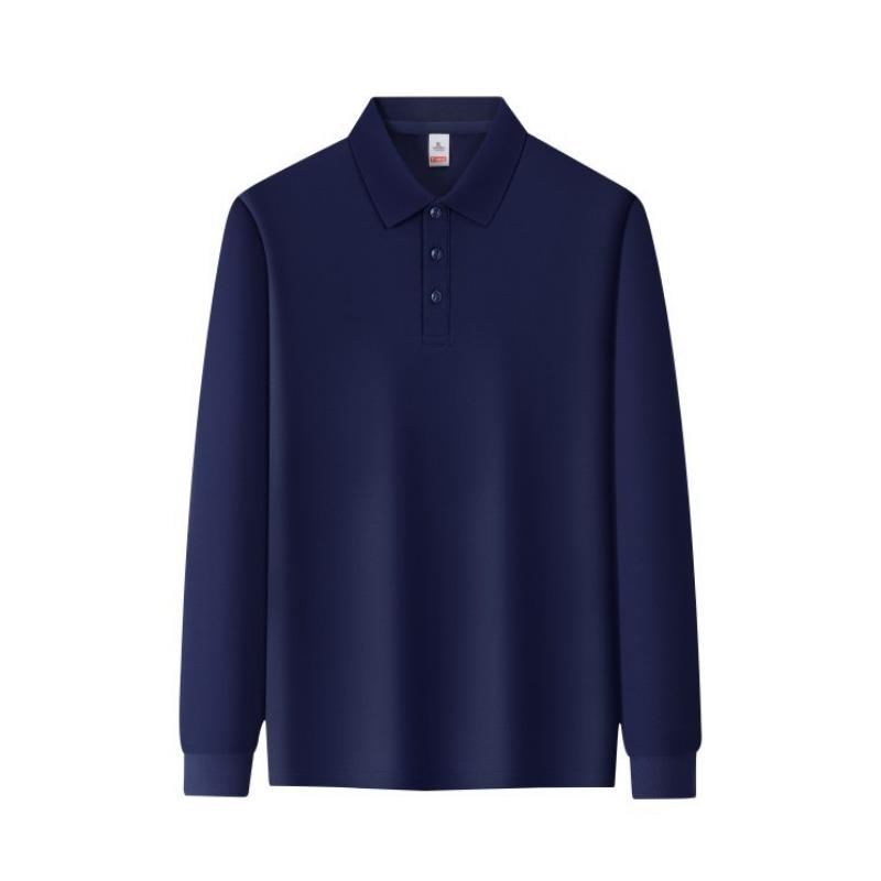 Men Solid White Long Sleeve Polo Shirt Plain Lapel Three Buttons Business Casual Basic Top