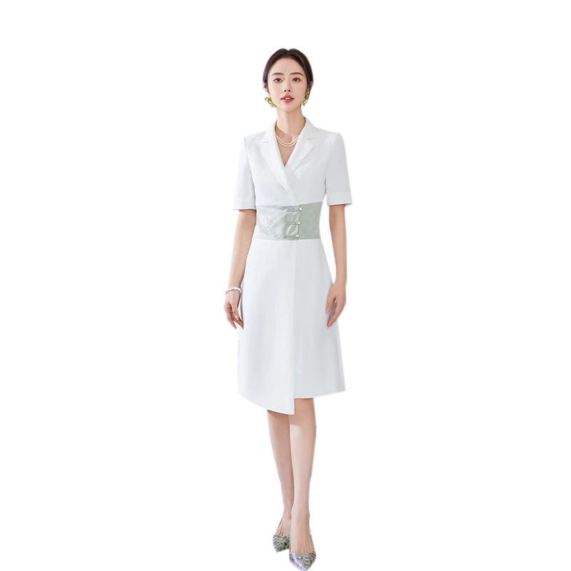 Summer Asymmetrical Color Block Chinese Style Dress - Women's Professional Short Sleeve Workwear