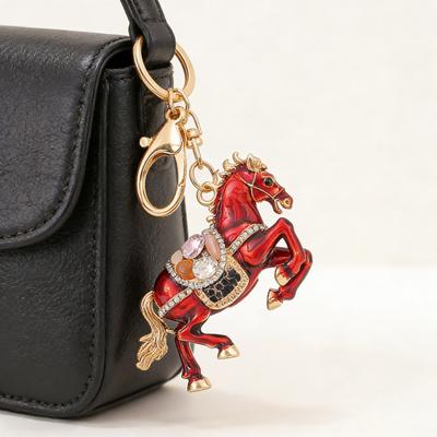 Keychain Sparkling Rhinestones Inlaid Galloping Horse Design Keychain Pendant Enamel Oil Drip Process Smooth Edges Spring Buckle Key Holder Backpacks