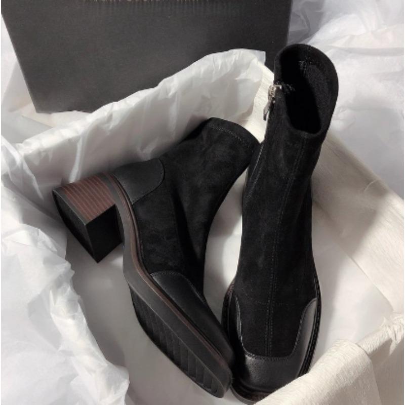 Luxury Faux Suede Leather Patch Stretch Boots Women Side Zipper Design Chunky Heel Ankle Boots Autumn Warm Burgundy Botas Mujer