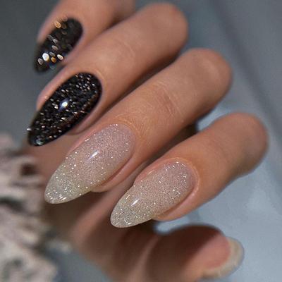 24 Pezzi unghie lunghe a mandorla glitter flash nail art stile moda bianco e nero colore a contrasto riutilizzabili 24 pezzi