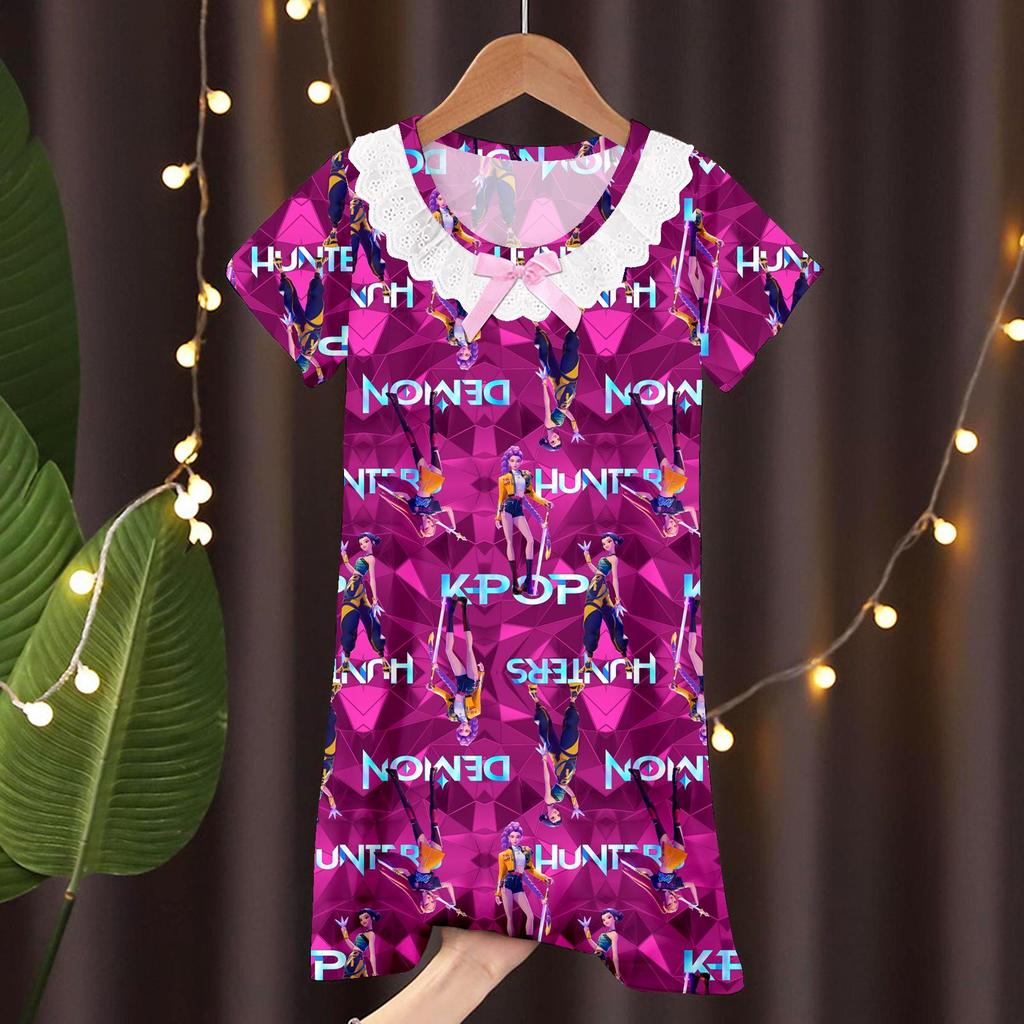 Girls' Summer Princess Lace Pajamas - Frozen Cartoon Nightgown with Short Sleeves KPOP Style Homewear