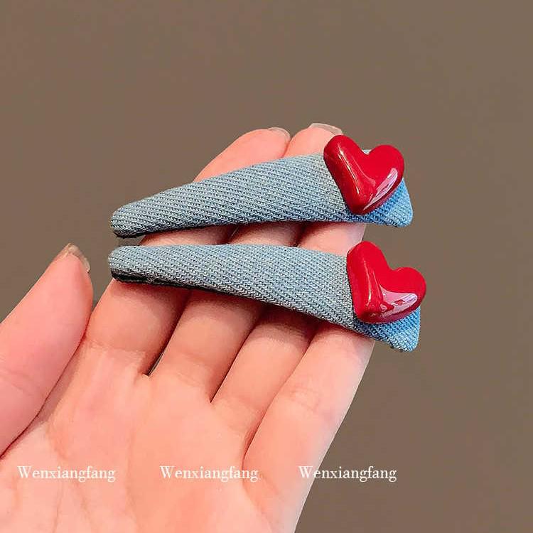 2025 New Style Blue Denim Heart Hair Clip for Women - Girly Sweet Side Bangs BB Hairpin