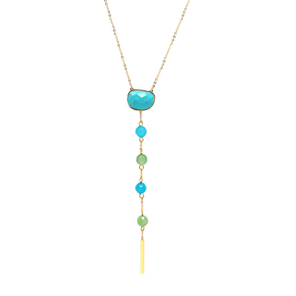 Les Trésors De Lily [Q0957] - Designer Steel Necklace 'Boho' Turquoise Green Gold - 10. 3x1. 6cm