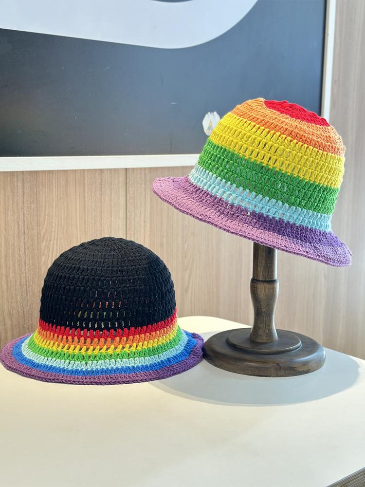 New Rainbow Striped Fisherman Hat Women Japanese Knitted Wool Bucket Hat Autumn And Winter Warm Windproof Basin Hat