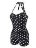 Charming Polka Dot Halter Pleated Slim Waist Bikini Swimsuit With Boyshorts For Beach Vacation