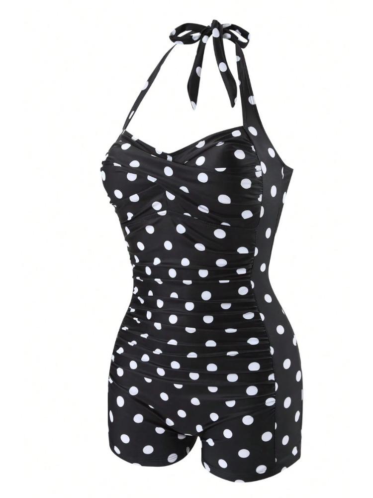 Charming Polka Dot Halter Pleated Slim Waist Bikini Swimsuit With Boyshorts For Beach Vacation