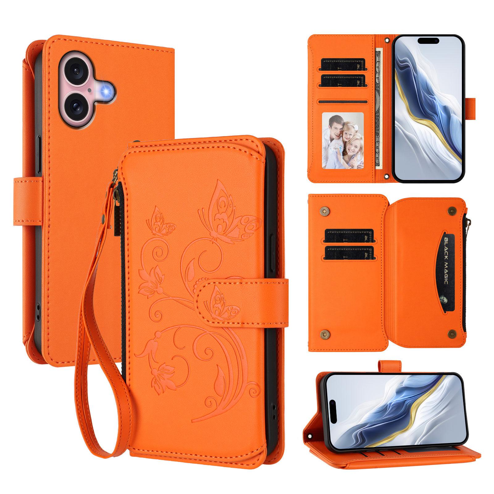 

For iPhone 16 Leather Case Butterfly Floral Imprint Zipper Wallet Stand Cover with Wrist Strap Orange