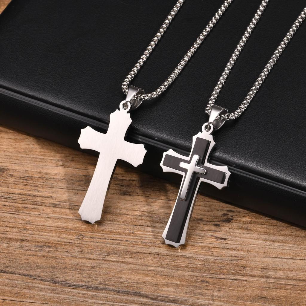 Xiaomi Vnox Chunky Three Layered Cross Necklaces for Men, Black Silver Color Stainless Steel Bold Faith Cross Pendant,Hip Hop Necklace