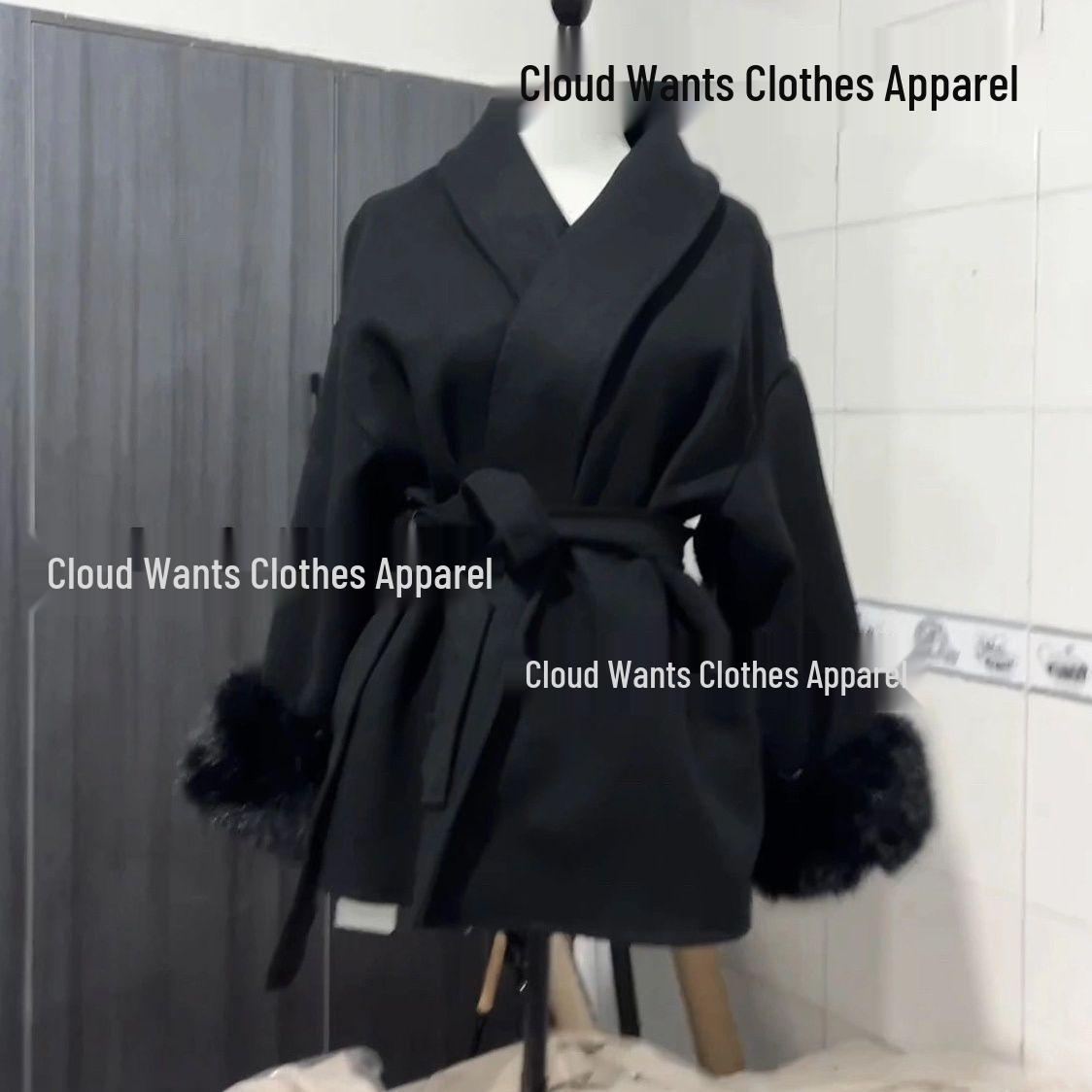 

Женское осеннее шерстяное пальто с пушистыми рукавами, свободный лоскутный дизайн, универсальный пояс для завязывания. Large