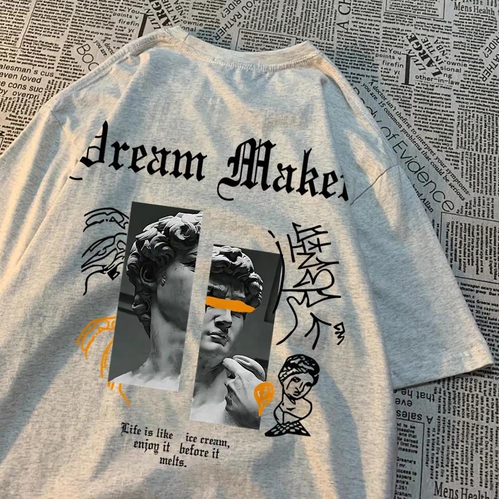 Dream Maker Brave Sculpture Pattern Clothing Men Vintage Cotton Streetwear Couple O-Neck T-Shirts Solid Color Summer Tops
